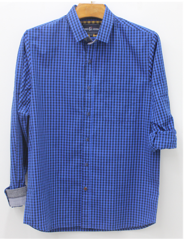 Eres Joven Classic Men's Long Sleeve Both Casual and Formal Blue Gingham Shirt - 100% Cotton